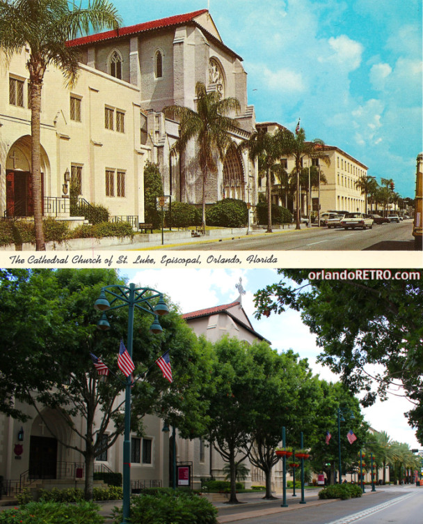 Magnolia Avenue looking towards Jefferson Avenue. Cathedral Church of St. Luke’s built in the 1920’s is partially covered today by the trees lining downtown’s streets.  Top: 1960’s Bottom: 2014