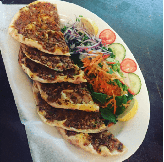 Pictured, lahmacun or "Turkish pizza"