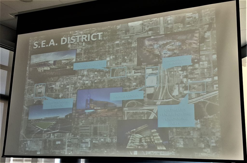 A graphic of the defacto "SEA District" which stands for "Sports, Entertainment, Arts" 